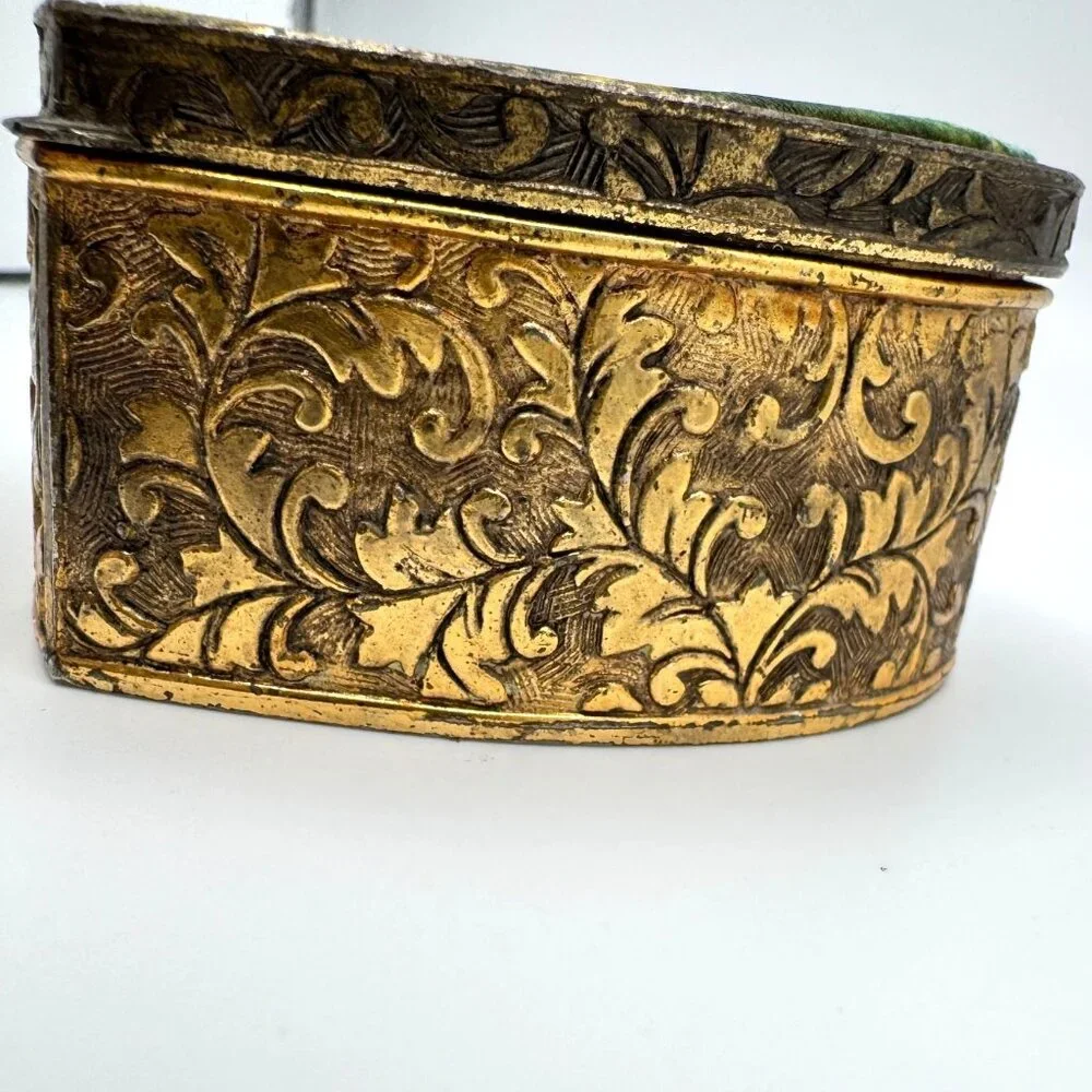 Schmid Bros Vtg Heart-Shaped Metal Trinket Box Silk Art Lid 